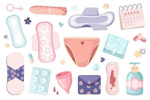 Women period set graphic elements in flat design. Bundle of tampons and pads, calendar, birth control pills, intimate gel, menstrual cup, female panty and other. Vector illustration isolated objects