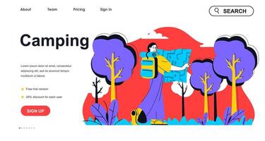 Camping concept for landing page template. Woman with backpack and map goes on hike in forest. Outdoor activity and tourism people scene. Vector illustration with flat character design for web banner