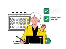 Productivity workplace concept with character situation. Woman plans tasks on calendar and successfully completes tasks before deadline. Vector illustration with people scene in flat design for web