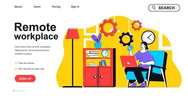 Remote workplace concept for landing page template. Woman working online with laptop from home office. Comfortable workflow people scene. Vector illustration with flat character design for web banner