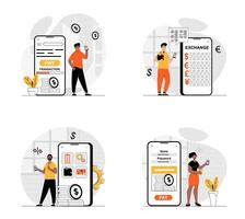 Mobile banking concept with character set. Collection of scenes people doing financial transactions, currency exchange and money transfers in smartphone app. Vector illustrations in flat web design