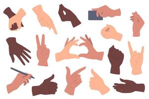 Hands gestures set graphic elements in flat design. Bundle of caucasian and african american hands holding, pointing, showing heart, like, rock and other gestures. Vector illustration isolated objects