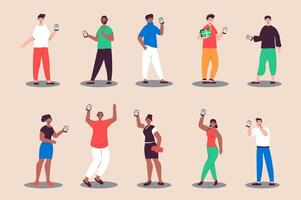 People showing mobile phone set in flat design. Happy men and women holding smartphones and showing cell phone displays. Bundle of diverse characters. Vector illustration isolated persons for web