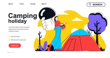 Camping holiday concept for landing page template. Woman resting with tent in forest and picking mushrooms. Outdoor activity people scene. Vector illustration with flat character design for web banner