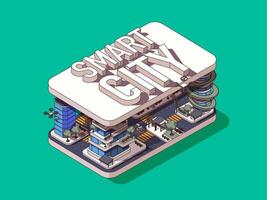 Smart city concept in 3d isometric graphic design. Abstract future city with skyscrapers, modern infrastructure and service. Vector illustration with people in isometric room interior for web banner