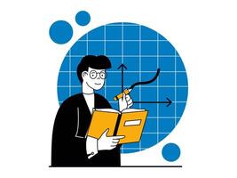 Education concept with character situation. Teacher with textbook explaining new material to pupils at math or geometry lesson at school. Vector illustrations with people scene in flat design for web