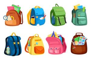 School bags set graphic elements in flat design. Bundle of different schoolbags, backpacks and rucksacks with books, notepads and stationery for pupil or student. Vector illustration isolated objects