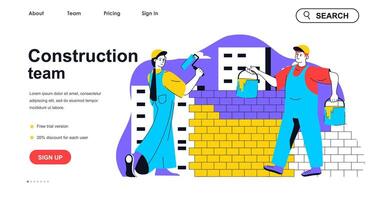 Construction team concept for landing page template. Woman painting walls and man working on building site. Real estate people scene. Vector illustration with flat character design for web banner