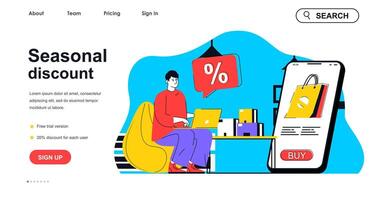 Seasonal discount concept for landing page template. Man makes purchases on sale using laptop. Online shopping in mobile app people scene. Vector illustration with flat character design for web banner