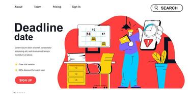 Deadline date concept for landing page template. Worried employee holds phone with timer, deadline for task. Work stress people scene. Vector illustration with flat character design for web banner