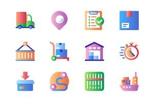 Delivery icons set in color flat design. Pack of truck, location pin, checklist, parcel box, container, warehouse storage, forklift, barcode and other. Vector pictograms for web sites and mobile app