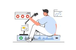 Podcast streaming outline web concept with character scene. Man speaking in microphone, recording audio. People situation in flat line design. Vector illustration for social media marketing material.