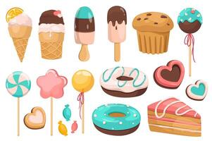 dulces y postre conjunto gráfico elementos en plano diseño. haz de hielo cremas, magdalena, piruletas, Galleta, donas, pedazo de pastel, candis y otro confitería. vector ilustración aislado objetos