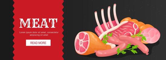 Meat horizontal web banner. Pork, beef, knuckle, ribs, sausage, steak, other fresh raw products in butcher market assortment. Vector illustration for header website, cover templates in modern design