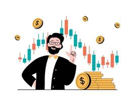 Stock trading concept with character situation. Man analyzes market data and trends, invests money and receives profit from trading. Vector illustration with people scene in flat design for web