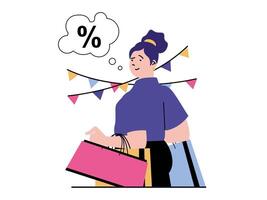 compras concepto con personaje situación. mujer hace lote de compras y sostiene pantalones con bienes, estacional descuentos y favorable precios. vector ilustración con personas escena en plano diseño para web