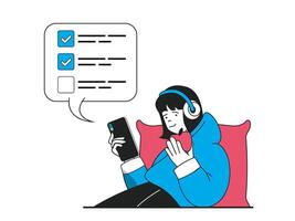 Lanza libre concepto con personaje situación. mujer en auriculares haciendo trabajo Tareas desde que hacer lista y trabajando en teléfono inteligente en línea a hogar. vector ilustración con personas escena en plano diseño para web