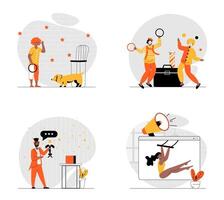 Circus artists concept with character set. Collection of scenes people work as show performers, juggling clowns, magician with rabbit, acrobat or gymnast. Vector illustrations in flat web design