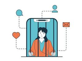 Internet addiction concept with character situation. Woman has addict for social networks and sits in smartphone like prisoner in cage. Vector illustration with people scene in flat design for web