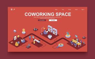 Coworking space concept 3d isometric landing page template. People work in open office, collaborate and hold conferences, discuss and do tasks. Vector illustration in isometry graphic design.