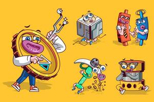 Crypto mining concept with 3d cute cartoon characters set. Funny avatars of cryptocurrency, blockchain, pickaxe and other symbols of digital money market. Vector illustration with comic mascots design