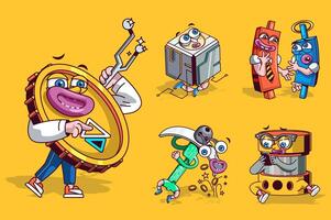 Crypto mining concept with 3d cute cartoon characters set. Funny avatars of cryptocurrency, blockchain, pickaxe and other symbols of digital money market. Vector illustration with comic mascots design