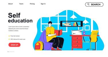 Self education concept for landing page template. Man reads book, studying at home. Student improves knowledges and skills people scene. Vector illustration with flat character design for web banner