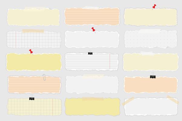 Torn paper strips mega set elements in flat design. Bundle of pieces of ripped edges fragments of notepad papers attachment with tapes, pins and other. Vector illustration isolated graphic objects
