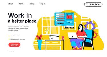 Work in better place concept for landing page template. Woman working on laptop. Comfortable remote workplace, outsourcing people scene. Vector illustration with flat character design for web banner