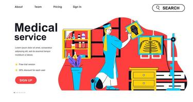 Medical service concept for landing page template. Doctor exams at x-ray picture, diagnoses and treats. Hospital clinic people scene. Vector illustration with flat character design for web banner