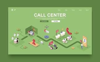 Call center concept 3d isometric landing page template. People work in customer support center, answer calls and messages, help and solve problem. Vector illustration in isometry graphic design.