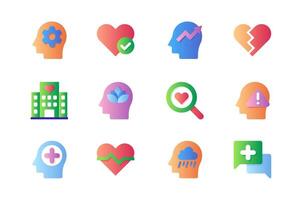 Mental health icons set in color flat design. Pack of thinking, human head, love feeling, psychology problem, process therapy, heart break and other. Vector pictograms for web sites and mobile app