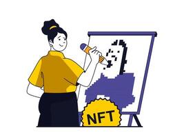 NFT token concept with character situation. Woman creates digital masterpieces of digital art for sale on virtual sites and online gallery. Vector illustration with people scene in flat design for web