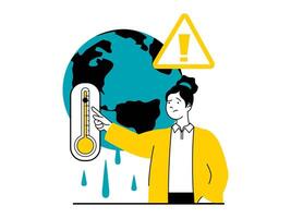 salvar tierra concepto con personaje situación. eco activista mujer señalando a termómetro con alto temperatura, calentamiento y clima cambiar. vector ilustración con personas escena en plano diseño para web