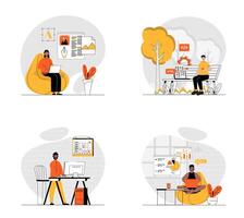 Freelance working concept with character set. Collection of scenes people working remote as designer, developer, manager, data analyst, programmer at home. Vector illustrations in flat web design