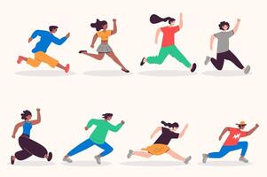 People running set in flat design. Happy men and women run and hurry, sport competition or aspiration direction metaphor. Bundle of diverse characters. Vector illustration isolated persons for web