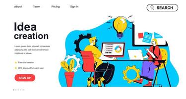 Idea creation concept for landing page template. Employees brainstorming and discussing tasks. Innovation and creativity people scene. Vector illustration with flat character design for web banner