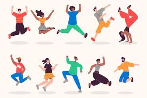 People jumping set in flat design. Happy men and women jump and celebrating at party and entertainment, winner expression. Bundle of diverse characters. Vector illustration isolated persons for web