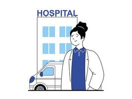 médico concepto con personaje situación. médico esperando para visitantes en clínica, enfermero trabajos en hospital y ahorra pacientes en ambulancia. vector ilustración con personas escena en plano diseño para web