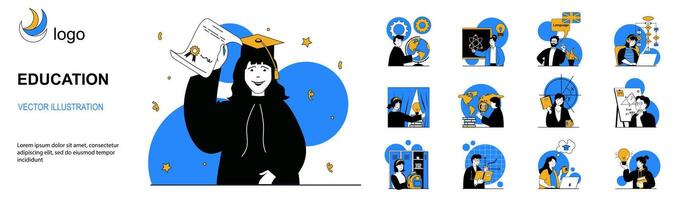 Education concept with character situations collection. Bundle of scenes people school education, science study, online course and training, graduation diploma. Vector illustrations in flat web design