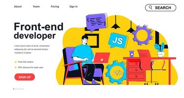 Front-end developer concept for landing page template. Man creates web page and programming. Development user interface people scene. Vector illustration with flat character design for web banner