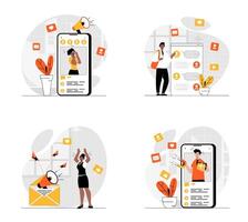 Social media marketing concept with character set. Collection of scenes people making advertising and online promotion in apps, gift draw for new customers. Vector illustrations in flat web design