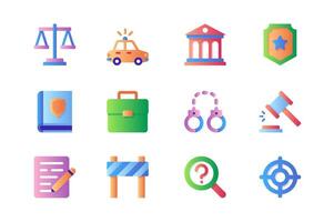 Law icons set in color flat design. Pack of scales, police car, court building, shield, book, briefcase, handcuff, judge gavel, search, target and other. Vector pictograms for web sites and mobile app