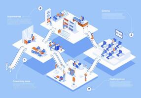 compras centro comercial concepto 3d isométrica web escena con infografía. personas comprando a supermercado y ropa almacenar, reloj película en cine, trabajo en trabajo colaborativo. vector ilustración en isometria gráfico diseño