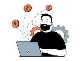 Finanzas concepto con personaje situación. hombre hace actas y dinero transferencias utilizando en línea bancario sistema en navegador en ordenador portátil. vector ilustración con personas escena en plano diseño para web