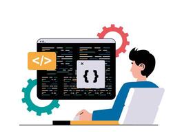 Programming software concept with character situation. Man works at computer and writes code, creates and optimizes pages and programs. Vector illustration with people scene in flat design for web