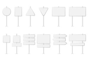 Road signs mega set elements in flat design. Bundle of white street signposts template with different shapes. Blank traffic pointers with arrow directions. Vector illustration isolated graphic objects