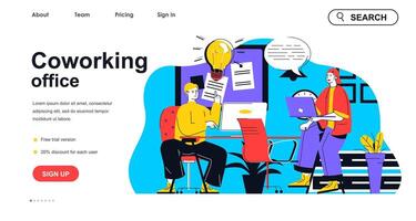 Coworking office concept for landing page template. Employees brainstorming and working together. Coworkers or colleagues people scene. Vector illustration with flat character design for web banner