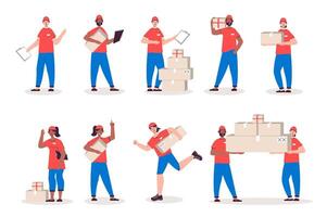 entrega personal personas conjunto en plano diseño. hombres y mujer trabajo en depósito, mensajeros y trabajadores que lleva parcelas y cajas haz de diverso caracteres. vector ilustración aislado personas para web