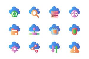 Computer cloud icons set in color flat design. Pack of sync, search, database equipment, internet, file, information, access, microchip, data and other. Vector pictograms for web sites and mobile app